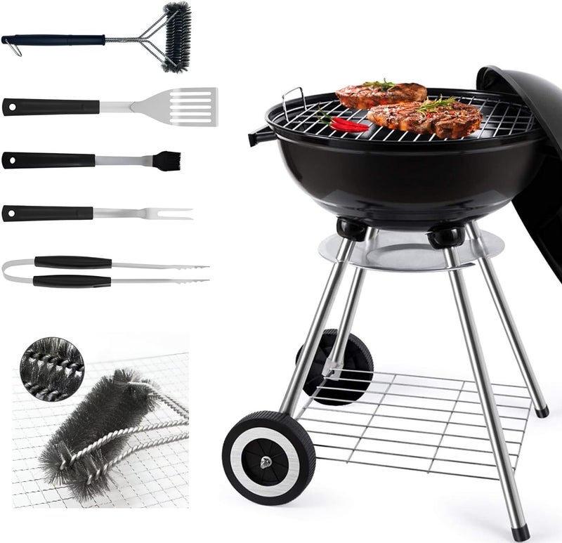 Papapacks 18 Inch Portable Charcoal Grill with Accessories for Outdoor Cooking Barbecue Camping BBQ Coal Kettle - Mini Grilling Utensil Includes Tongs, Spatula,Fork,Basting Brush, Scraper - Image 1